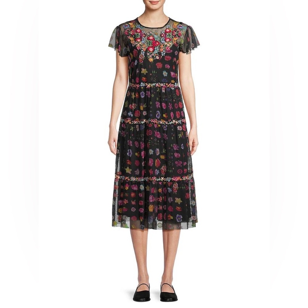 Johnny Was Black A-line Midi Dress with Flutter Sleeves - Picture 6 of 7